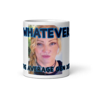 White glossy mug with Dev's mug on it